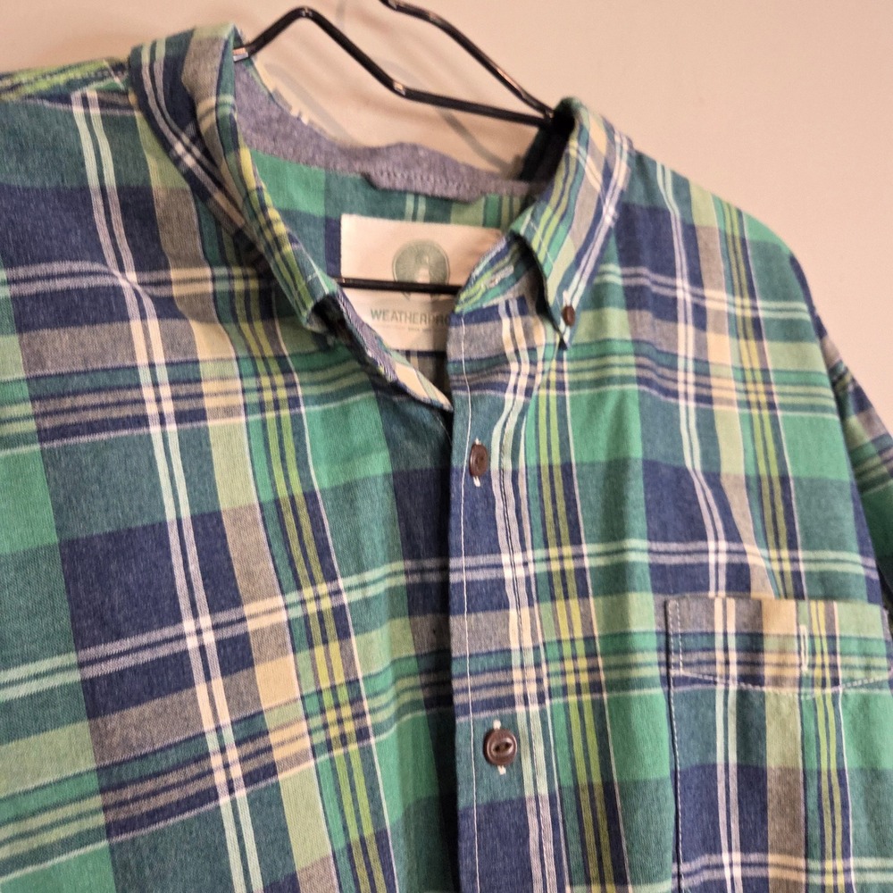 Weatherproof Mens XXL Plaid Button Down Short Sleeve Shirt Green Blue Casual XXL